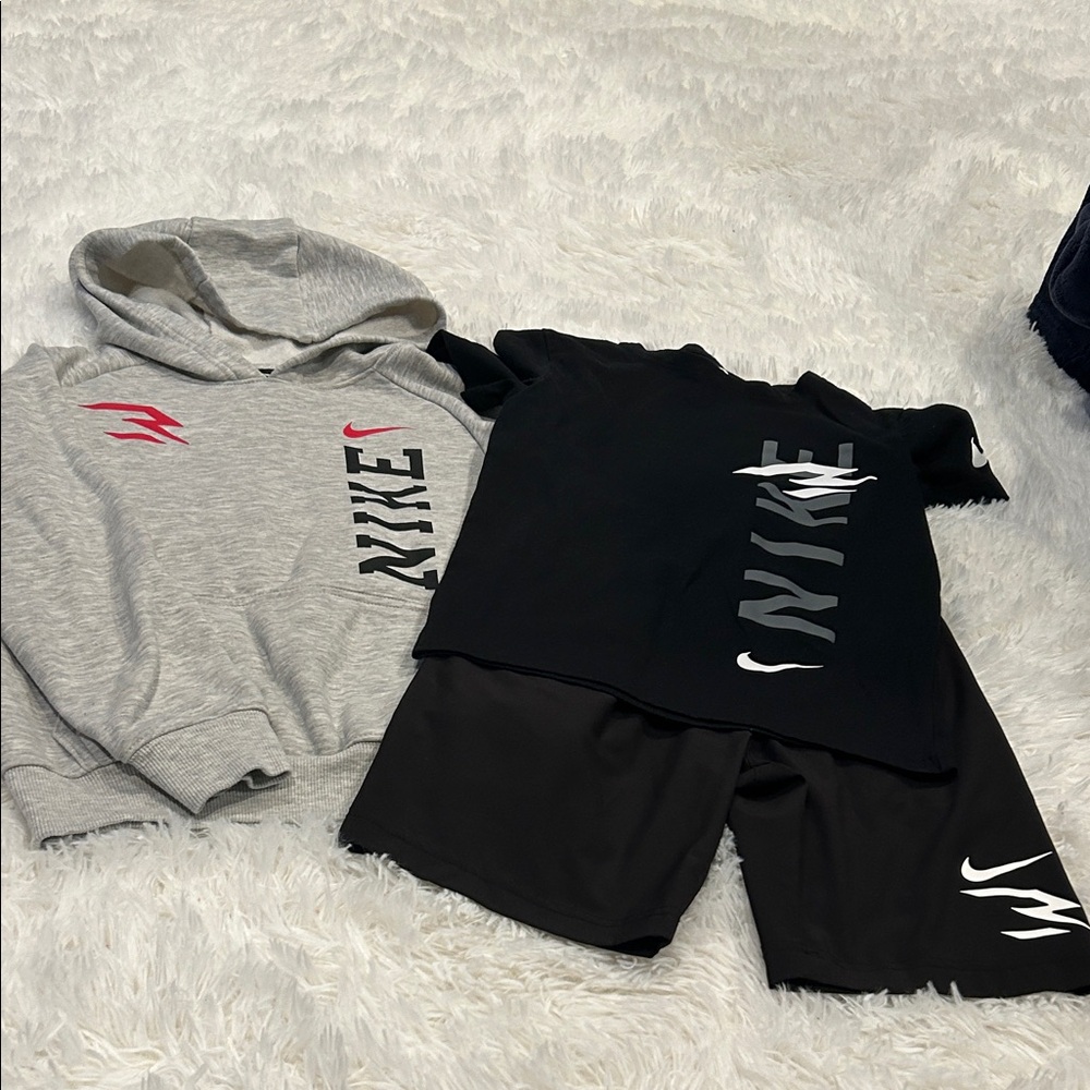 Nike Boys Gray Hoodie with Black Tee and Shorts Set
